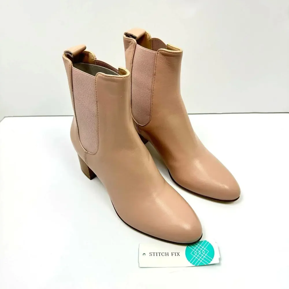 NEW Kahmune | London Mila Beige Pink Soft Leather Pull On Ankle Boots Booties
